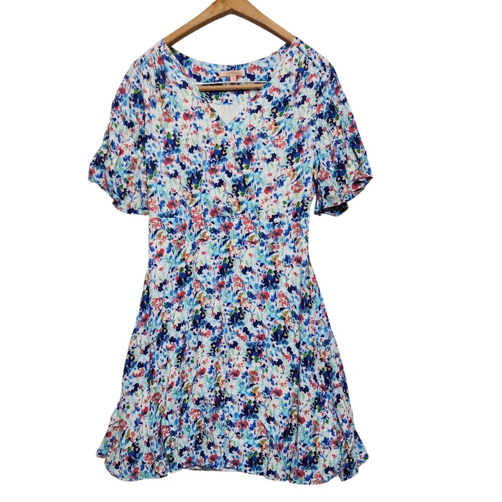 Gibson Latimer Floral V-Neck Faux Wrap Mini Dress Small Blue Pink Cottagecore